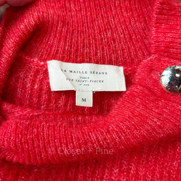 Sezane Trudy Jumper Red Size Medium Pullover Sweater Button Neck - Picture 4 of 12